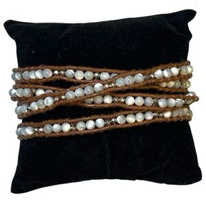 Lizou - Leather Stone Wrap Multi Layer Mother Of Pearl Western Boho Bracelet